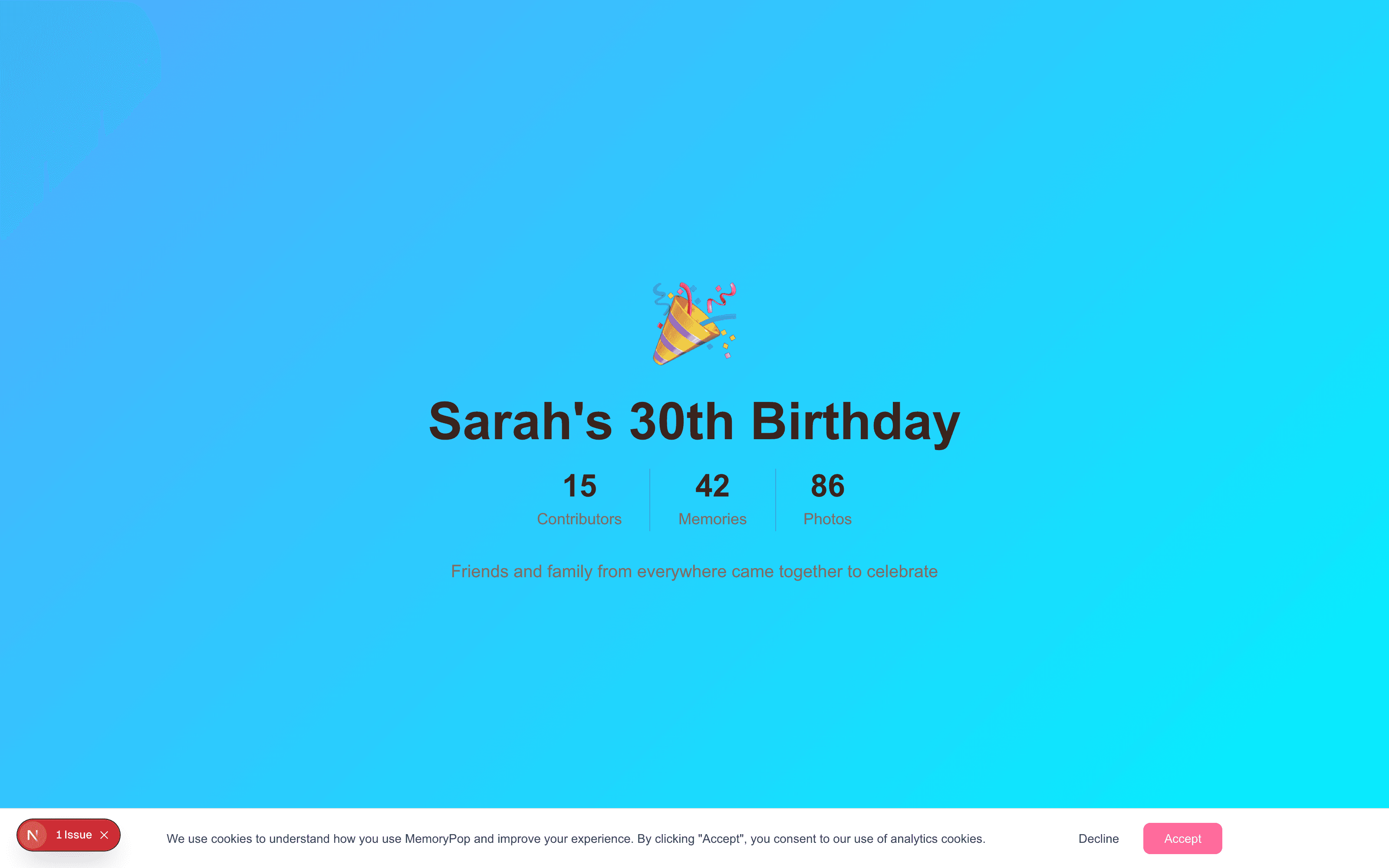 Birthday MemoryPop showing recipient name, contributor count, and celebration stats