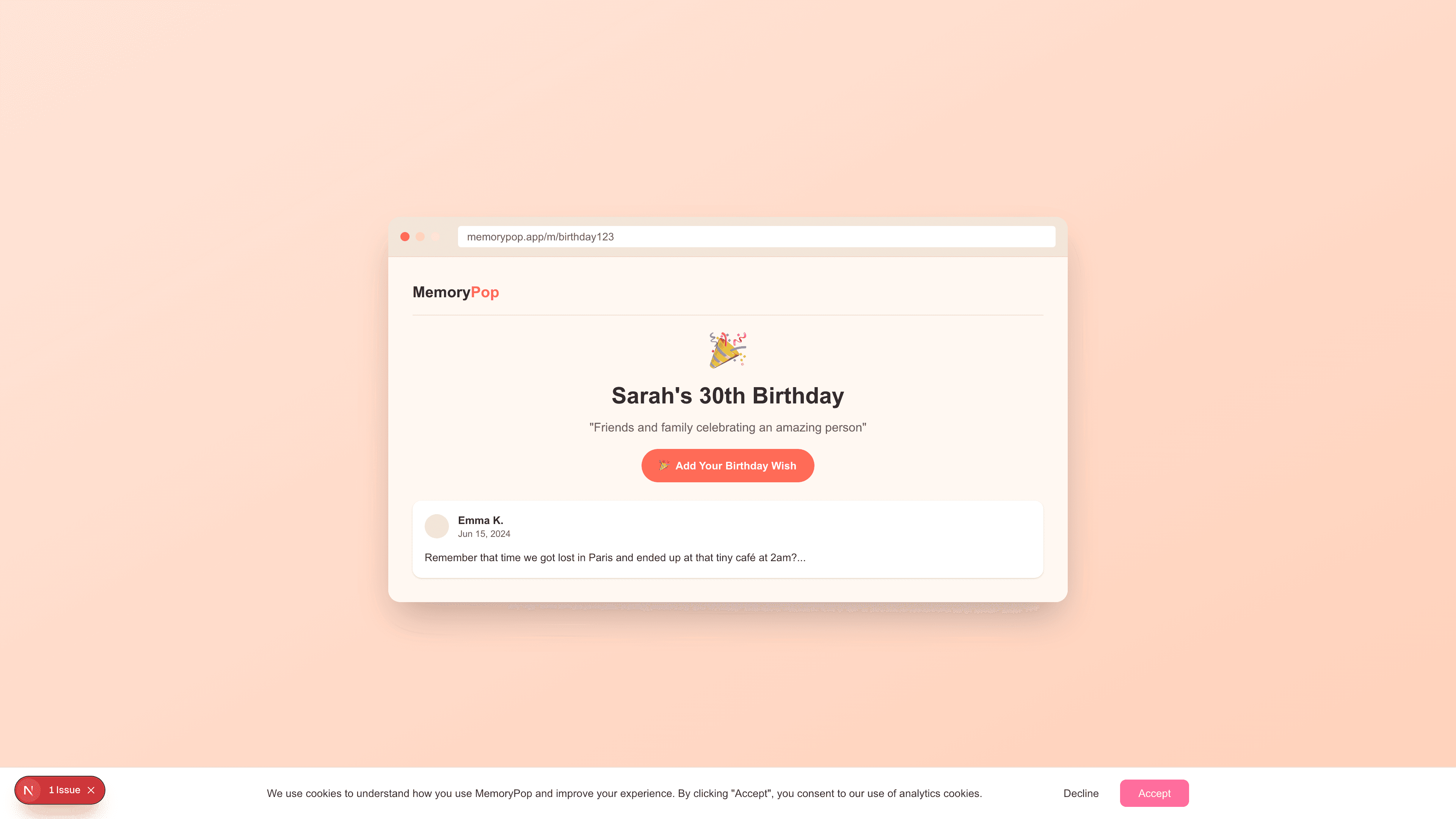 Interactive preview of birthday MemoryPop in browser showing messages and photos