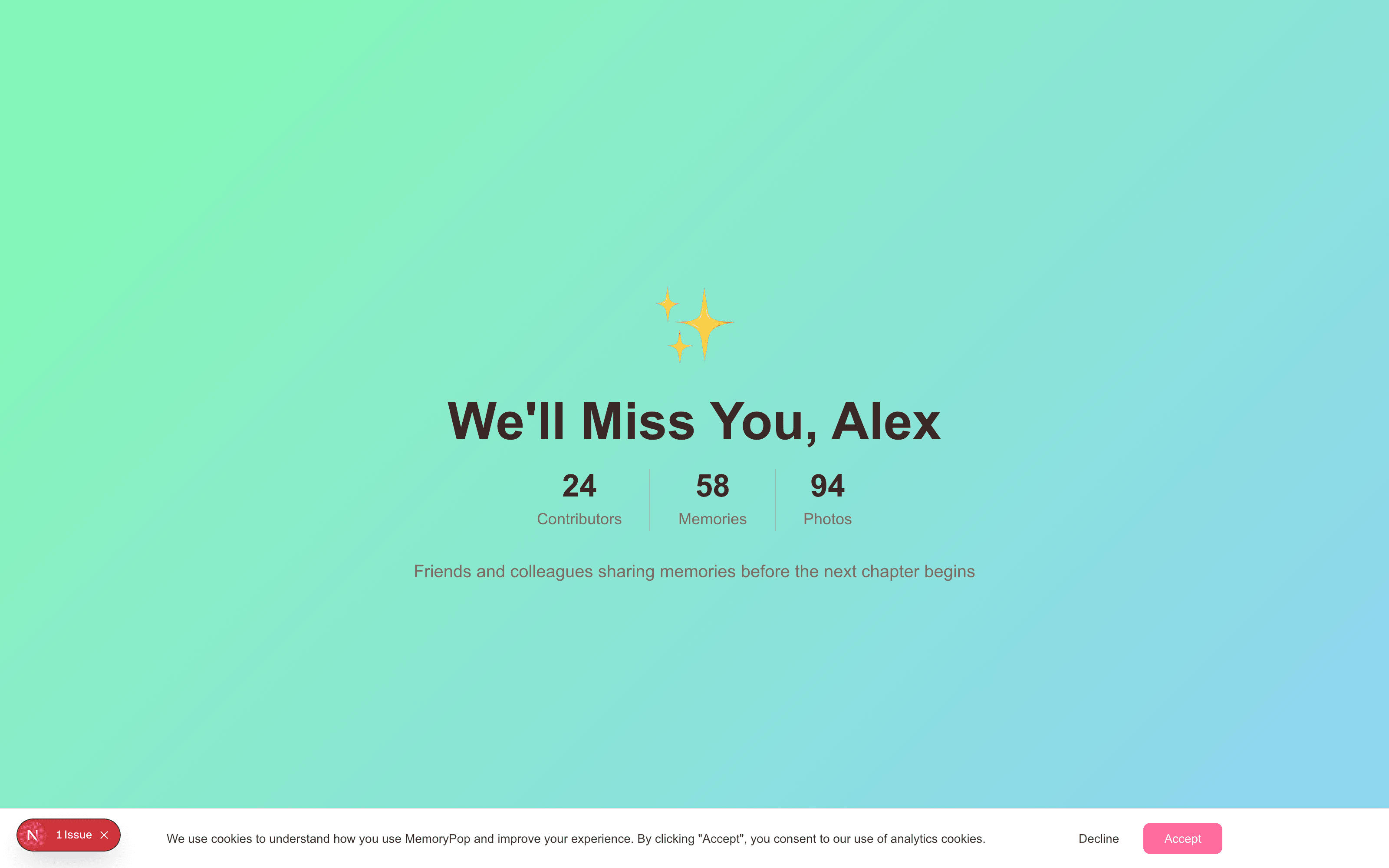 Farewell MemoryPop showing goodbye messages, contributor count, and shared memories