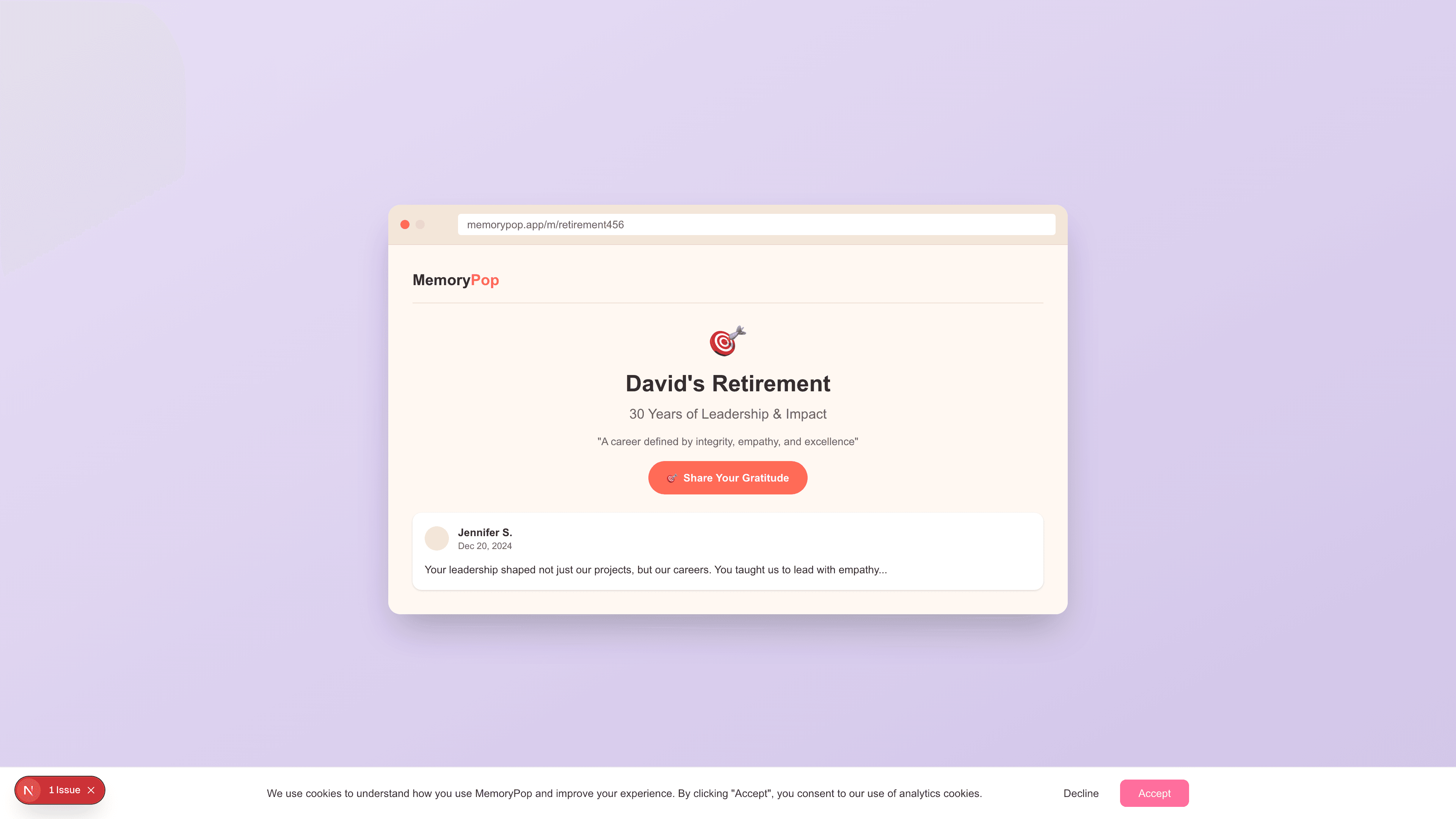 Interactive preview of retirement MemoryPop in browser showing messages and memories